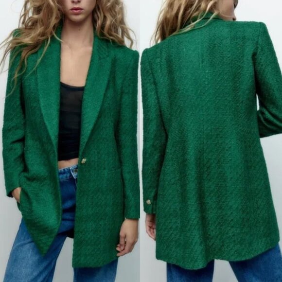 Zara Tweed Textured Long Structured Blazer in Kelly Green M Classic Preppy $149 - Picture 1 of 16
